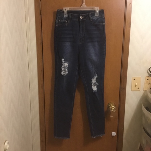 Denim - Bob jeans High Waisted Dark Wash Destroyed Distressed Skinny Jeans 7/8